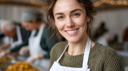 Smiling volunteer helping at a community soup kitchen event
