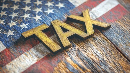 Golden tax letters on rustic wood with a faded American flag background, highlighting the importance of American taxation