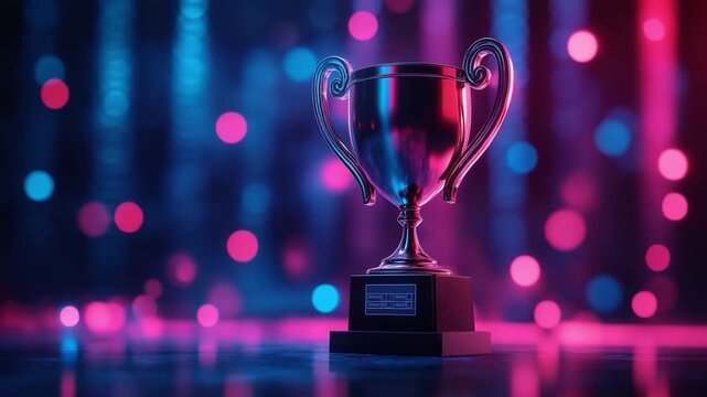 Trophy on Stage: A shiny trophy stands center stage, bathed in vibrant neon hues. The image suggests success and reward. 