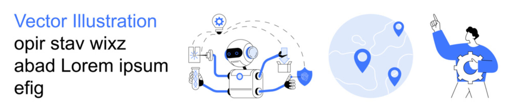Artificial intelligence, robotics, navigation systems, technology innovation, human-machine collaboration, geolocation tools. A robot interacting with technology, map pins, and a human figure