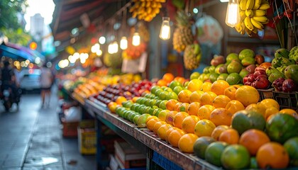Counter of a local street market stall displaying assorted fresh fruits including apples, oranges, bananas, and pineapples. Concept of fresh produce, local farming, healthy food, and everyday market.