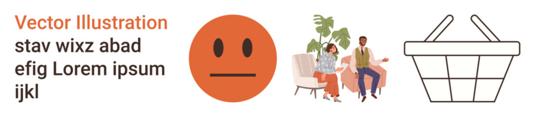 Fototapeta premium Visual include emotional expressions, therapy and counseling, family interactions, shopping, communication, mental health. happy and neutral face, two people seated sharing, and a shopping basket