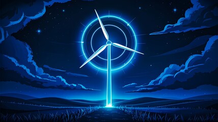 Glowing wind turbine generating renewable energy in futuristic night landscape
