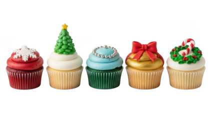 Five Festive Christmas Themed Cupcakes isolated on transparent background holiday