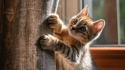 mischievous kitten climbing curtains