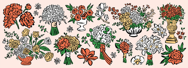 Botanical hand drawn illustration set. Art for greeting cards, wedding invitations, wallpapers, postcards, patterns.