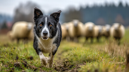 border collie herding sheep on a farm background