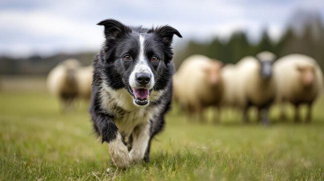 border collie herding sheep on a farm background