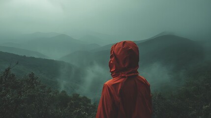 Person in Red Jacket Overlooking Misty Mountains.