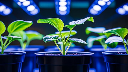 Young green plants growing under led lights in indoor farming s
