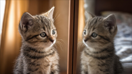 kitten observing its reflection in water