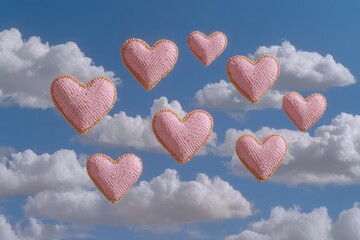 Whimsical pink beaded hearts float among fluffy clouds in a bright blue sky, creating a dreamy romantic scene perfect for Valentine promotions, greeting cards, or wedding themes.