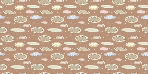 A festive pattern with cartoon plates. White tableware illustration. A cheerful holiday print. Gray wallpaper for wrapping paper.