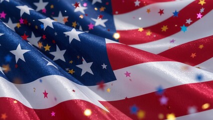 Fototapeta premium American flag waving gently in the breeze, showcasing vibrant colors and intricate details, with colorful confetti scattered across the fabric, celebrating national pride and unity