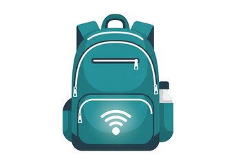 Teal colored backpack with white accents and wifi symbol on front pocket, school bag with bottle on side