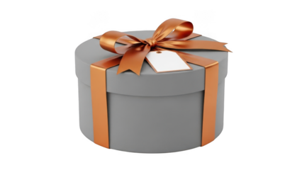 Round Grey Gift Box with Copper Ribbon and Tag isolated on transparent background