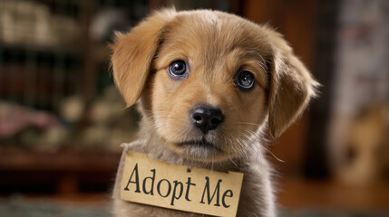 adorable puppy with adopt me sign in a shelter background