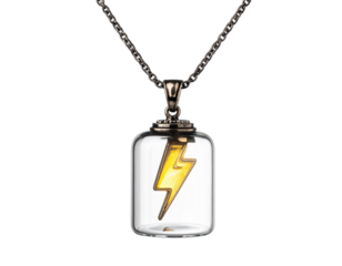 A clear glass bottle pendant holds a yellow lightning bolt, suspended by a delicate chain