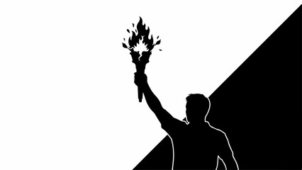 Silhouette of a person holding a flaming torch aloft against a stark black and white background, symbolizing hope and progress.
