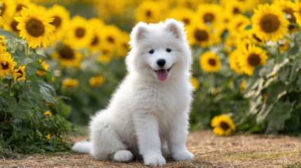 fluffy samoyed puppy sitting in a field