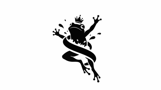 Joyful frog with crown leaps through water splash, symbolizing freedom and triumph.
