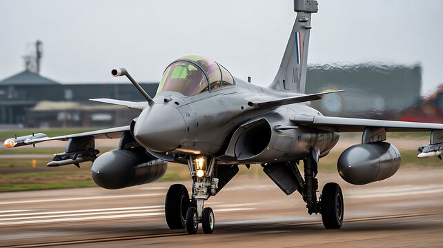 Modern fighter jet aircraft taxiing on military airbase runway
