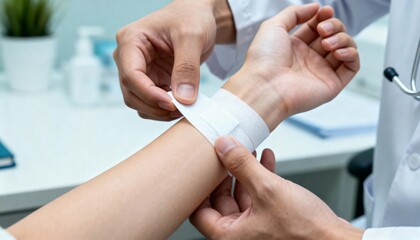 Close-up of a doctor's hands applying a bandage to a patient's wrist, medical clinic background, copy space, professional healthcare, and treatment.
