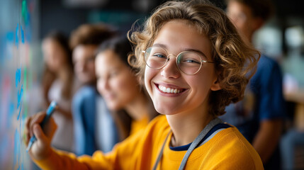 Faceless students engage in collaborative learning brainstorming on whiteboard in modern classroom, fostering STEM education and teamwork, defocused educational innovation, academi