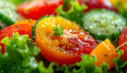 Close-up of Fresh, Vibrant Garden Salad with Dewy Cherry Tomatoes, Crisp Cucumber Slices, and Lush Green Lettuce Leaves, Highlighting Healthy Eating