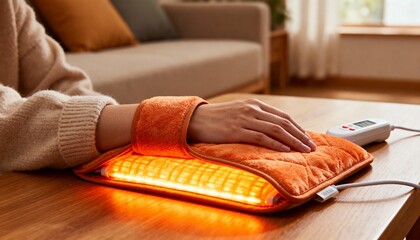 Close-up of a person's hand resting on a heated pad for pain relief, with a controller on the side, ideal for medical or wellness backgrounds.