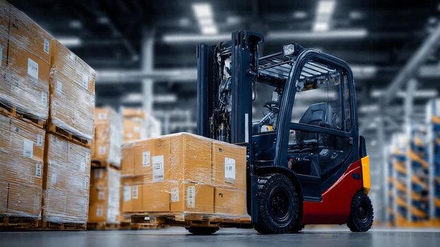 Forklift Maneuvering Cargo: A forklift navigates a bustling warehouse, expertly lifting and moving packages. Capturing the efficiency of logistical operations, in a vibrant industrial atmosphere.