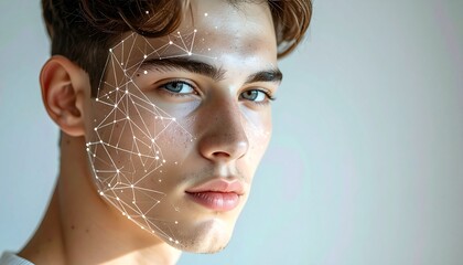 Modern facial recognition technology concept applied to a young man's profile, illustrating artificial intelligence and digital identity in the digital age