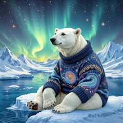 A polar bear, wearing a colorful sweater, sits on an ice floe as the aurora borealis illuminates the sky, creating a magical backdrop