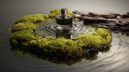 Naklejka premium A bottle of cologne is floating on top of a body of water. The bottle is surrounded by green moss and the water is calm. Concept of tranquility and relaxation