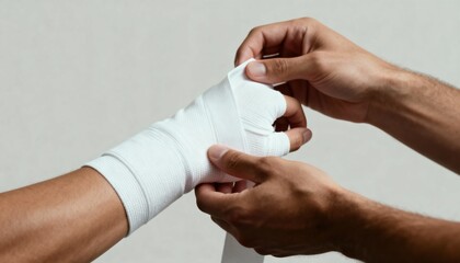 Close-up of a doctor's hands wrapping a white bandage around a patient's hand and wrist for support and injury prevention, ideal for medical and sports contexts, with copy space.