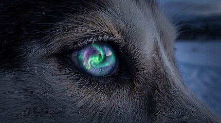 Macro Close-Up of a Husky Eye Reflecting the Green Aurora Borealis Northern Lights in Winter