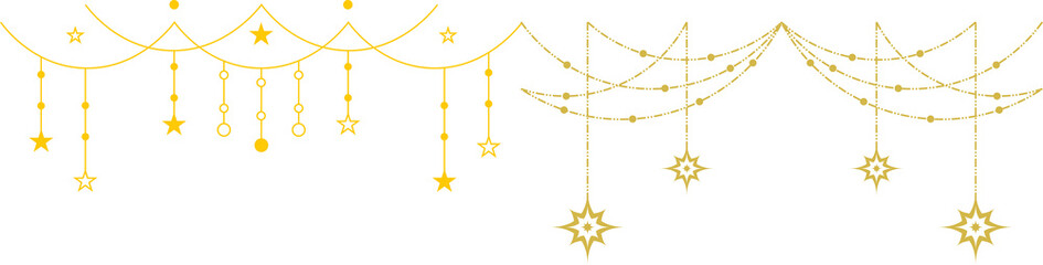 Gold Garland Hanging Decoration Overlay, Minimal Winter Glow, Elegant Festive Background Hanging Gold Garland Metallic Dots Bunting on Transparent Background shiny string lights on transparent 
