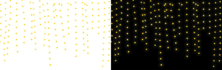 Sparkling Hanging Lights String of glowing warm yellow fairy lights hanging against a dark black background with subtle sparkle effect for festive decoration Warm glowing string lights