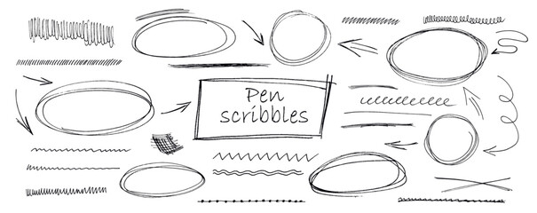 Naklejka na ściany i meble Hand drawn scribble style with black pen creating round circle underline strokes, rectangle frame doodle arrow elements shaping vector set kit bundle for highlight text in dynamic oval line theme.
