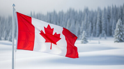 A vibrant canadian flag waves proudly against a snowy winter backdrop