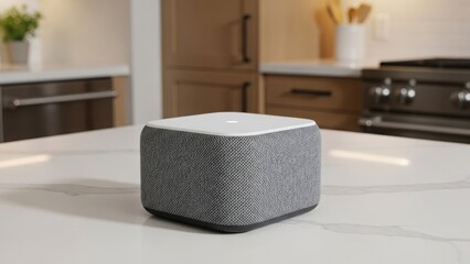 Modern smart speaker on a kitchen countertop. Smart home voice assistant device for automation and entertainment. IoT technology in a contemporary house interior