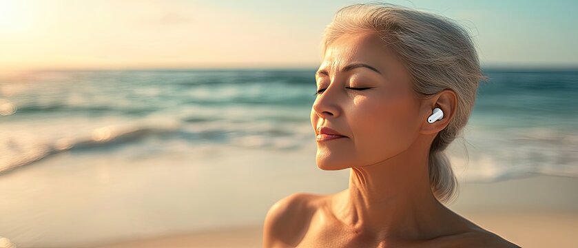 Woman enjoys peaceful moment by the beach at sunset, listening to music with wireless earbuds while relaxing in nature - Powered by Adobe
