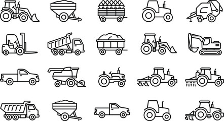 Agricultural machinery and farm vehicle icon set illustration, tractors, harvesters, trailers, trucks, loaders, modern outline vector collection for farming and agriculture design © Sophia Creatives
