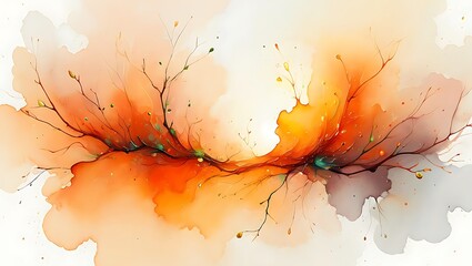 Abstract watercolor art with orange and brown splatters and branches on white background