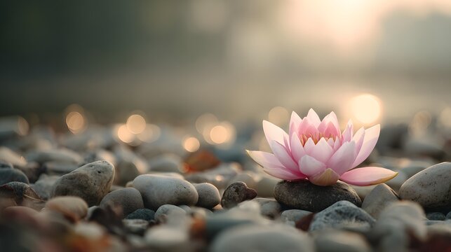 Serene Pink Lotus Flower Blooms on Pebbled Shoreline at Sunrise. - Powered by Adobe