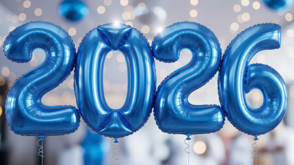 2026 HD Blue Metallic Foil Balloons Spelling 2026 against a Blurred Party Background with Festive Bokeh Lights