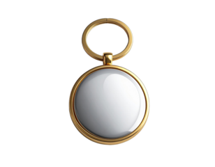 3D render of a gold-colored keyring with a round, white pendant. Black background