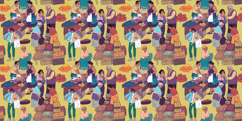Illustration of silhouettes of people at a fruit market. Food stalls, people buying fruits, vegetables, and flowers. Horizontal pattern. Print wallpaper.