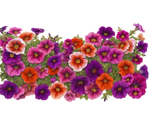 side profile of a very large ground cover grouping of purple orange and pink petunia flowers centered on a white background realistic