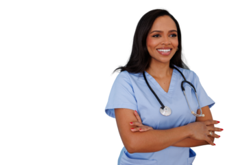 Healthcare professional woman smiling, wearing medical scrubs and a stethoscope. Confidence and expertise in health services